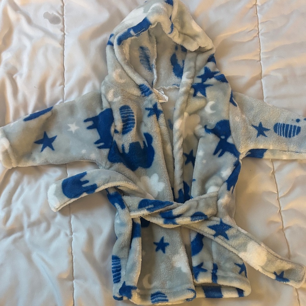 Blue and White Baby Robe with Elephant Print